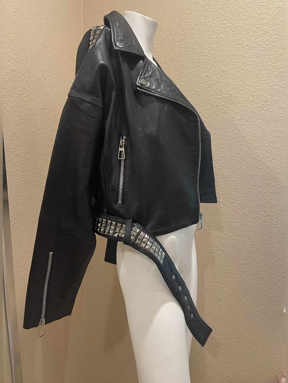 DKNY studded embellish Sheep leather motorcycle Limited Edition belted jacket